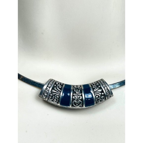 Tibetan Silver Filligree Sliding Pendant Charm Blue EnameL Necklace Choker VNTG - Picture 4 of 8